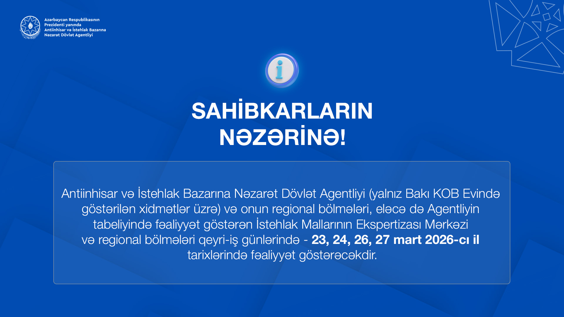 Antiinhisar və İstehlak Bazarına Nəzarət Dövlət Agentliyinin məlumatı
